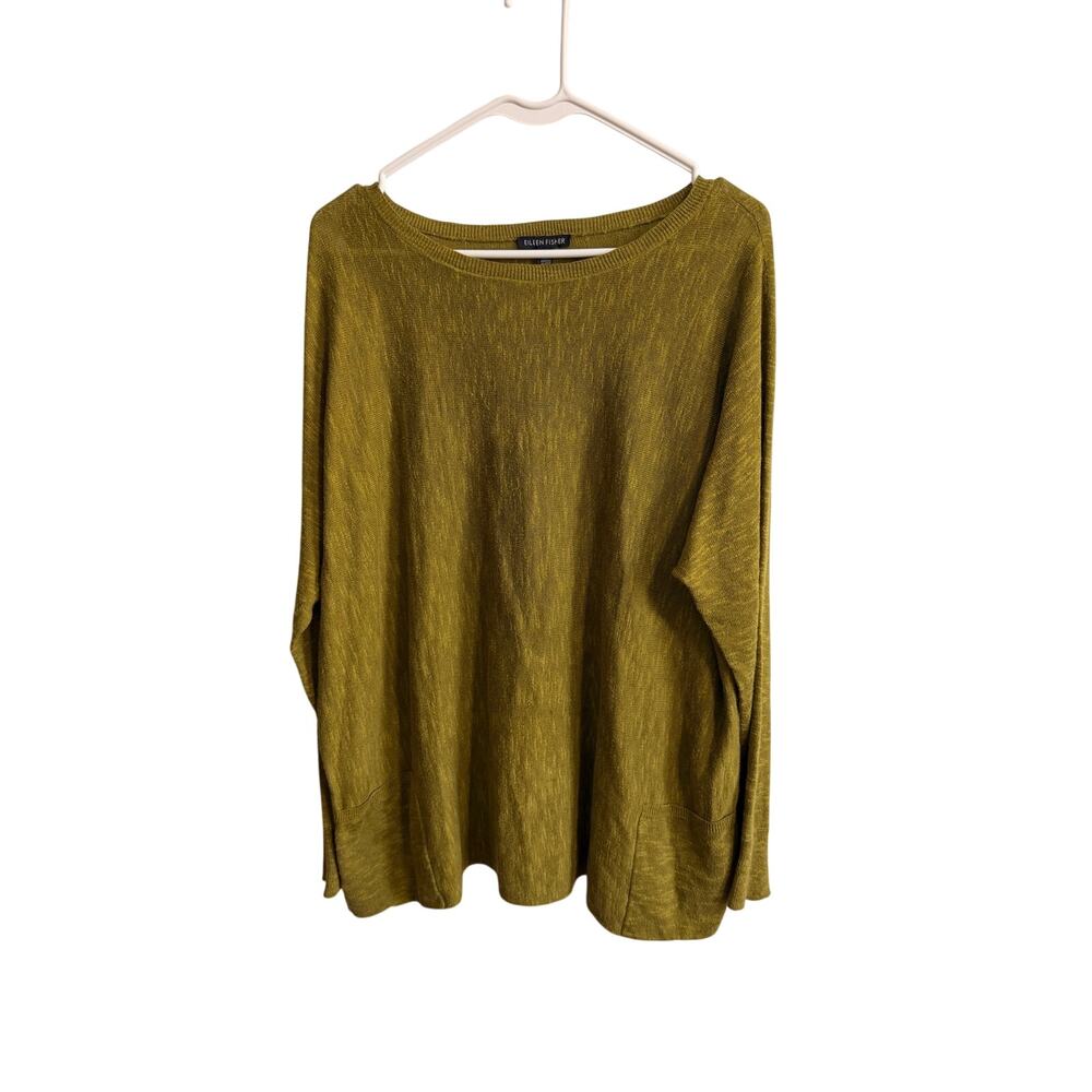 Eileen Fisher Cotton Linen Knit Sweater Mustard Green Sz L Pockets Great!